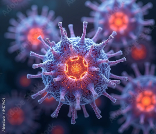 Microscopic Menace: A detailed digital rendering of a viral entity, pulsating with an otherworldly luminescence, showcasing its intricate structure.