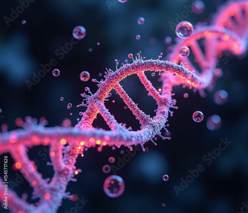 Glowing DNA Helix: A vibrant, glowing DNA double helix spirals against a dark background, with iridescent bubbles floating around it, symbolizing genetic research and the mysteries of life.