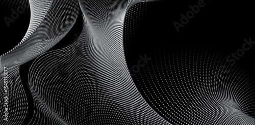 An abstract vector illustration, dynamic particle waves in a halftone gradient, forming a flowing dot curve against a black backdrop, embodying technology, sound, music, and modern aesthetics