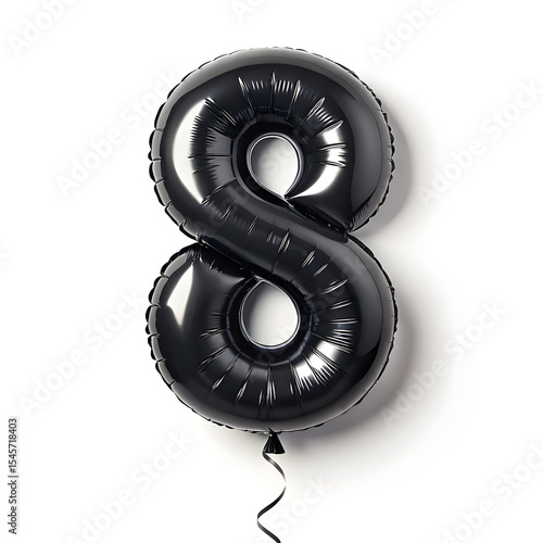 A balloon shaped like the number 8,matte black metallic finish with realistic reflections and smooth texture.