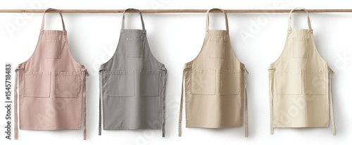 Wallpaper Mural Four plain aprons in blush pink, grey, beige, and off-white hang on a wooden rod against a white background Torontodigital.ca
