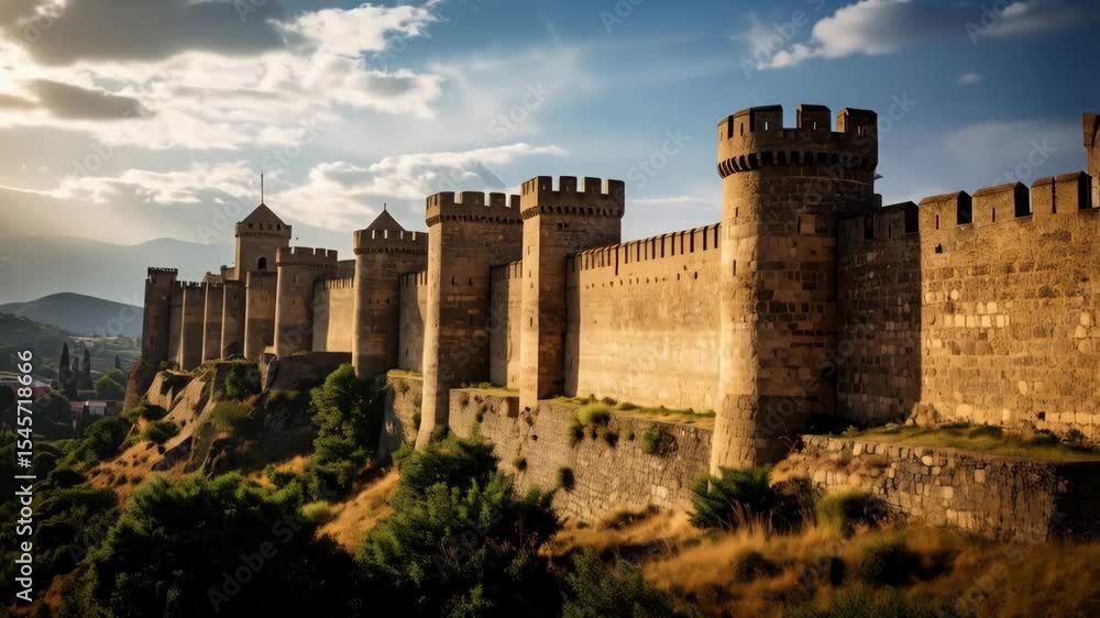 Imposing medieval castle fortress with tall stone walls and towers on hilltop under blue sky with clouds, creating a sense of history and protection. Imposing medieval castle fortress with tall stone walls and towers on hilltop under blue sky with clouds, creating a sense of history and protection.