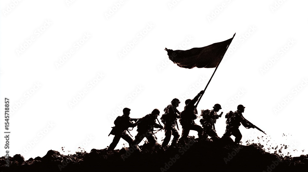 Fototapeta premium Silhouette of soldiers waving flag on white background for national holiday banner