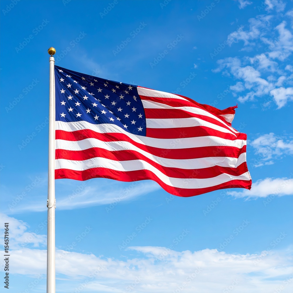 Fototapeta premium American Flag Waving Proudly Against a Bright Blue Sky