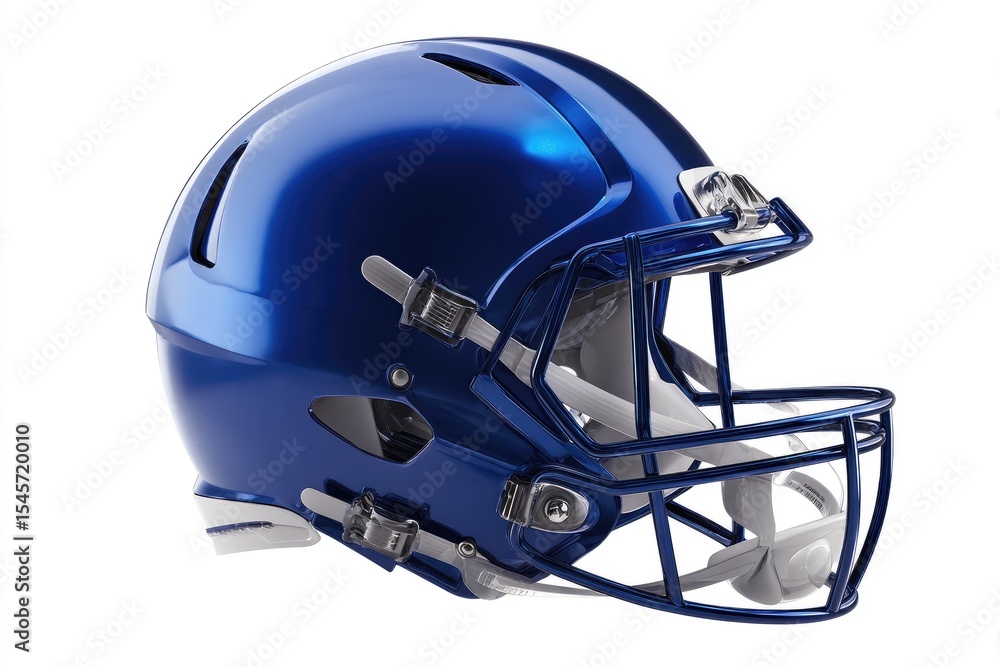 Fototapeta premium A vibrant blue football helmet, sleek and modern design, features a metallic finish, full facemask, and adjustable chin straps