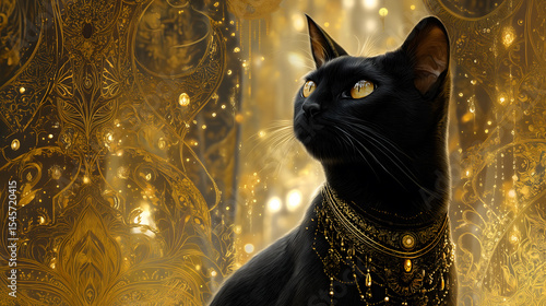 A luxurious black cat with an ethereal stand glows with magical aura and mystical charm, combining fantasy vibes, dark elegance, and supernatural beauty in a surreal enchanted world.