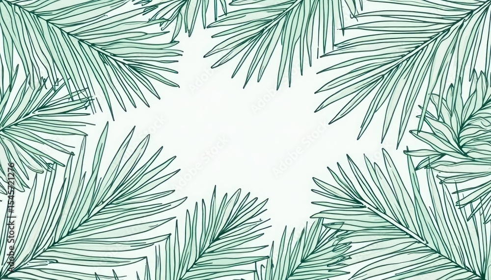 Fototapeta premium Light teal palm leaves frame a white background.