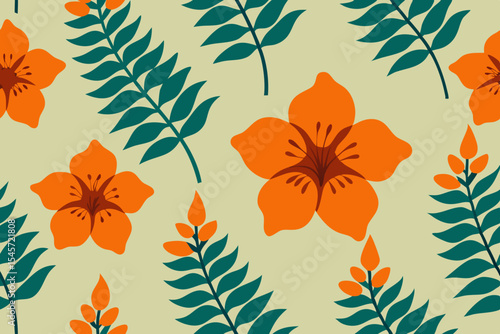 Vibrant Tropical Floral Pattern Seamless Orange Flowers and Green Leaves Design