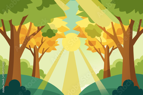 Sunlit Autumn Forest A Vibrant Illustration of Nature's Golden Embrace