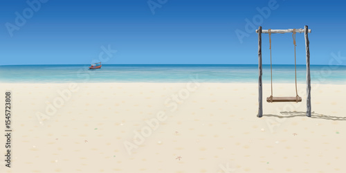 Wooden swing on white sand beach have a fishing boat in tropical blue sea and blue sky background graphic illustration.