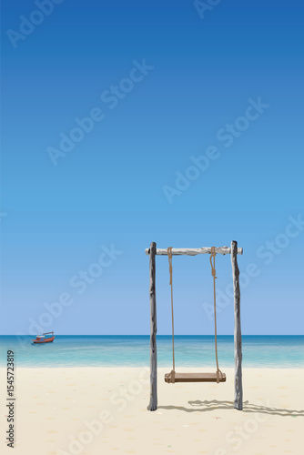 Wooden swing on white sand beach have a fishing boat in tropical blue sea and blue sky vertical background graphic illustration have blank space.