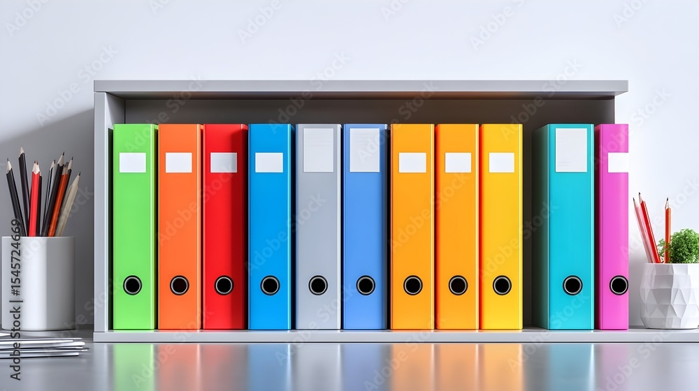 Fototapeta premium Colorful binders office shelf organization workspace