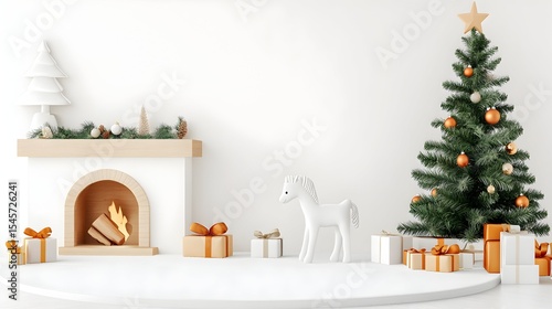 White room Christmas scene, gifts, tree, fireplace, pony