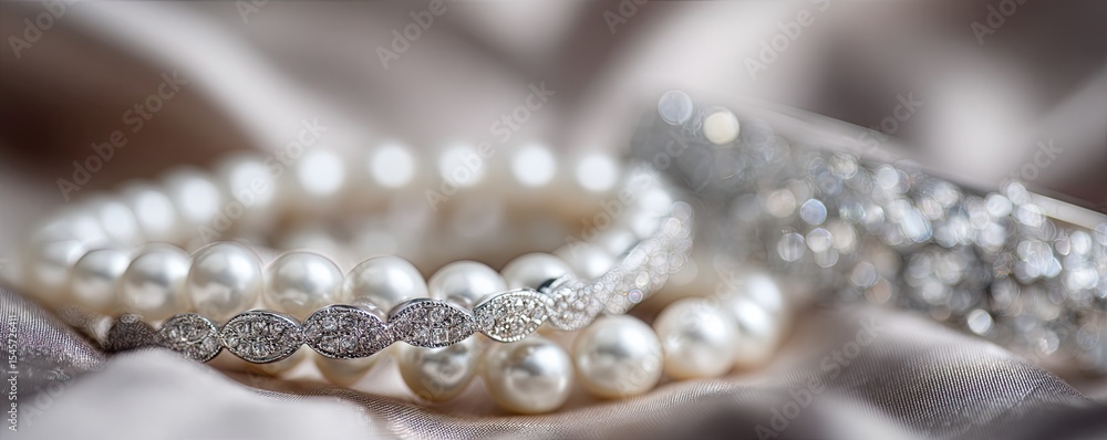 Elegant pearl bracelet and jeweled band rest on soft fabric Elegant pearl bracelet and jeweled band rest on soft fabric
