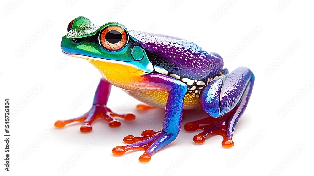 Obraz premium Colorful frog posing against white background, studio shot, vibrant amphibian, nature photography