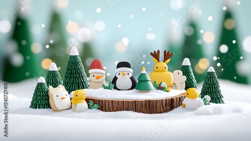 Fototapeta Naklejka Na Ścianę i Meble -  Festive winter animals on wood, snowy forest background, holiday card