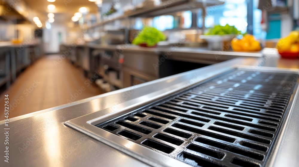 Modern Restaurant Kitchen Interior with Stainless Steel Surfaces and Fresh Produce on Display Modern Restaurant Kitchen Interior with Stainless Steel Surfaces and Fresh Produce on Display