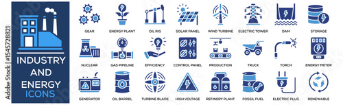 Industry and Energy icon collection set. Containing design Factory Building, Industrial Gear, Energy Plant, Oil Rig, Solar Panel