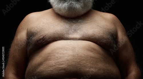 overweight senior man torso, fat belly and chest, concept of age and body diversity