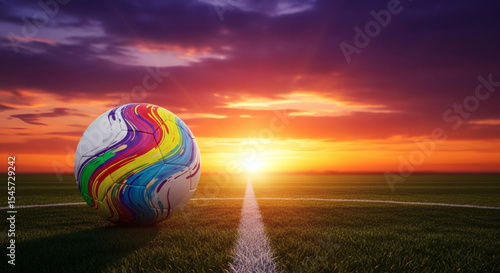 Vibrant soccer ball on field against backdrop of a colorful sunset sky