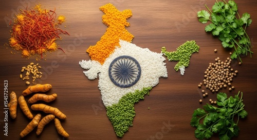Fototapeta Naklejka Na Ścianę i Meble -  India map food saffron turmeric coriander rice spices indian flag cuisine