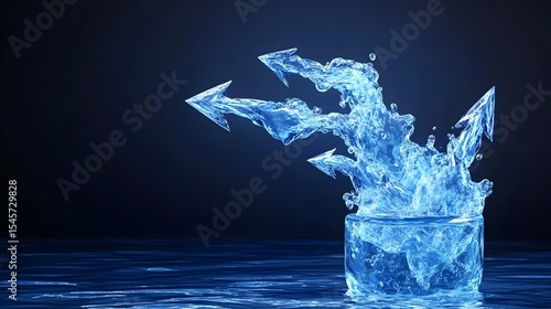 Water arrows splashing from glass, dark background