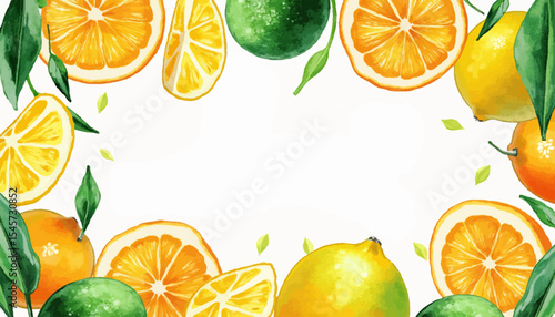  Bright Watercolor Citrus Fruits Border with Vibrant Oranges, Lemons, and Limes