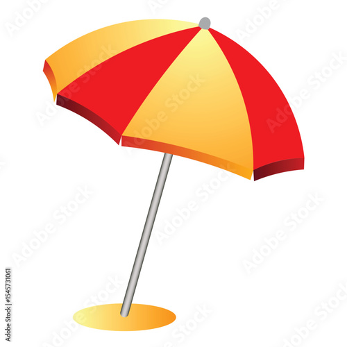 Beach umbrella flat style isolated. Summer sunshade striped parasol in sand