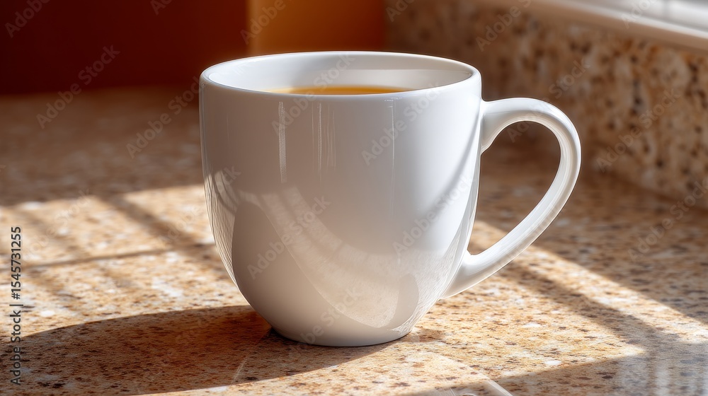 Minimalist White Ceramic Cup on a Speckled Countertop Illuminated by Warm Sunlight from a Window Minimalist White Ceramic Cup on a Speckled Countertop Illuminated by Warm Sunlight from a Window