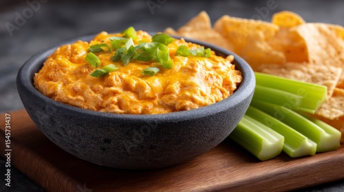 Spicy Buffalo Chicken Dip Served in a Dark Bowl with Tortilla Chips and Celery Sticks