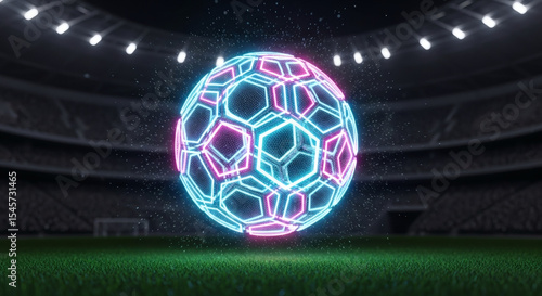 Futuristic neon soccer ball floating on a vibrant green sports stadium field