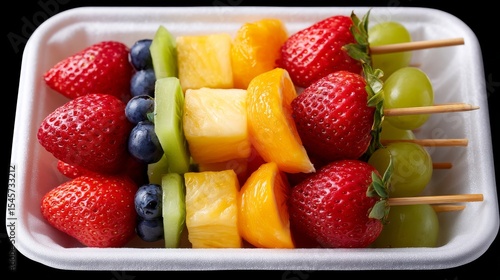 Vibrant Fruit Kabobs Featuring Strawberries, Blueberries, Pineapple, and Melon in a Foam Tray