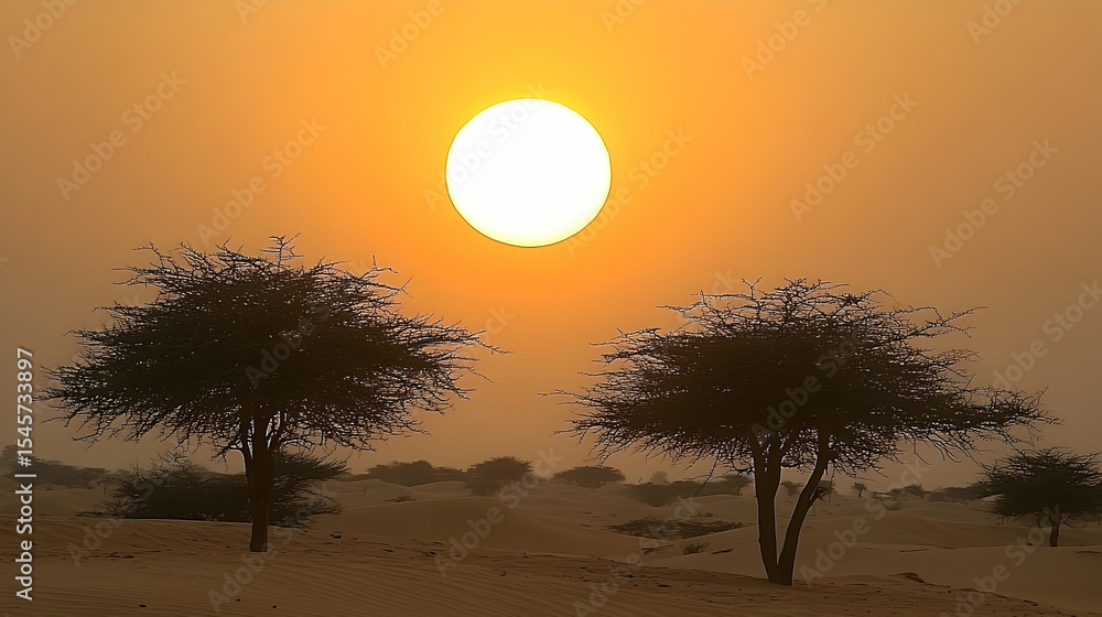 Fototapeta premium Desert sunset landscape silhouetted trees and golden hues