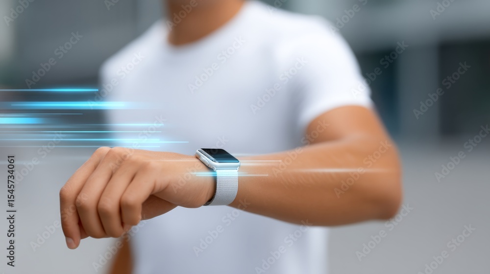 Obraz premium Person Wearing Smartwatch Demonstrating Motion and Modern Lifestyle in Urban Environment