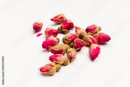 Rose flower dry tea isolated on a white background. Dry rose buds isolated