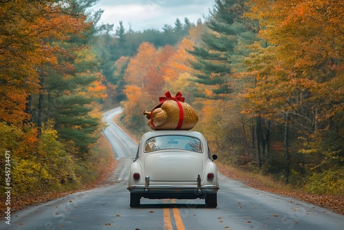 A thanksgiving turkey wrapped with a festive red bow on top of a vintage car driving down a scenic road.