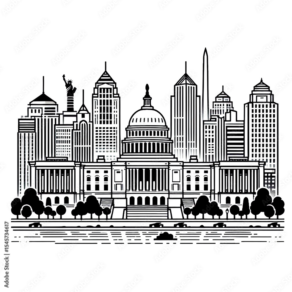 Obraz premium washington d.c., america, usa, cityline, skyline, vector, black and white, wallpaper, image