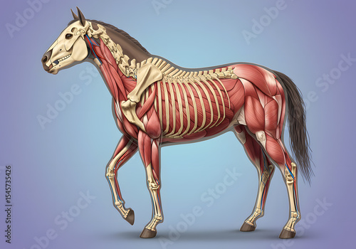 Horse skeletal and muscular anatomy illustration