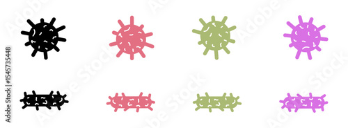 Set of flat and colored virus and bacteria icons. Disease, health, microorganisms icons.