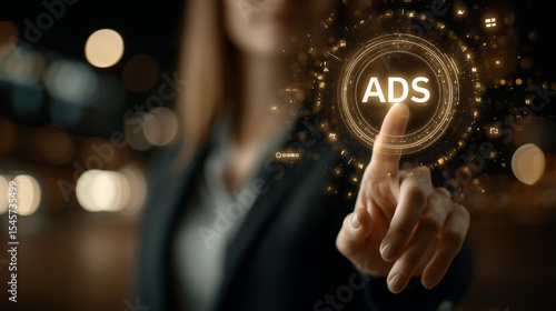 businesswoman interacts with a futuristic interface displaying 