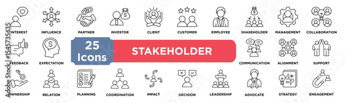 Stakeholder icon collection set. Containing interest,influence,partner,investor,client,customer,employee,shareholder,management,collaboration icon. Simple line vector.