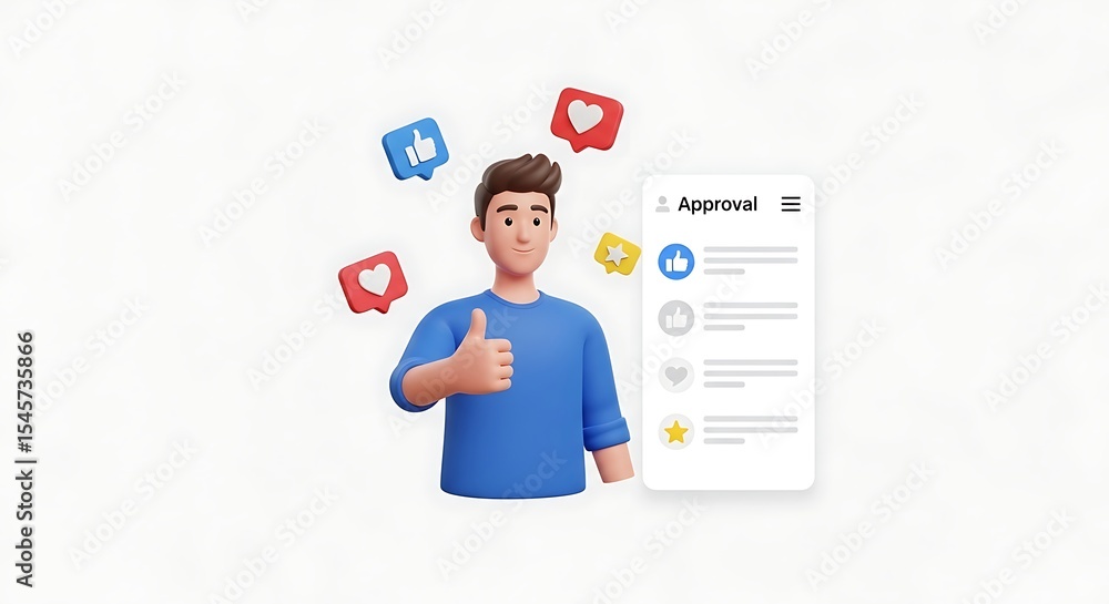 Cartoon man giving a thumbs up with social media like icons floating around him and a phone showing approval list. Cartoon man giving a thumbs up with social media like icons floating around him and a phone showing approval list.