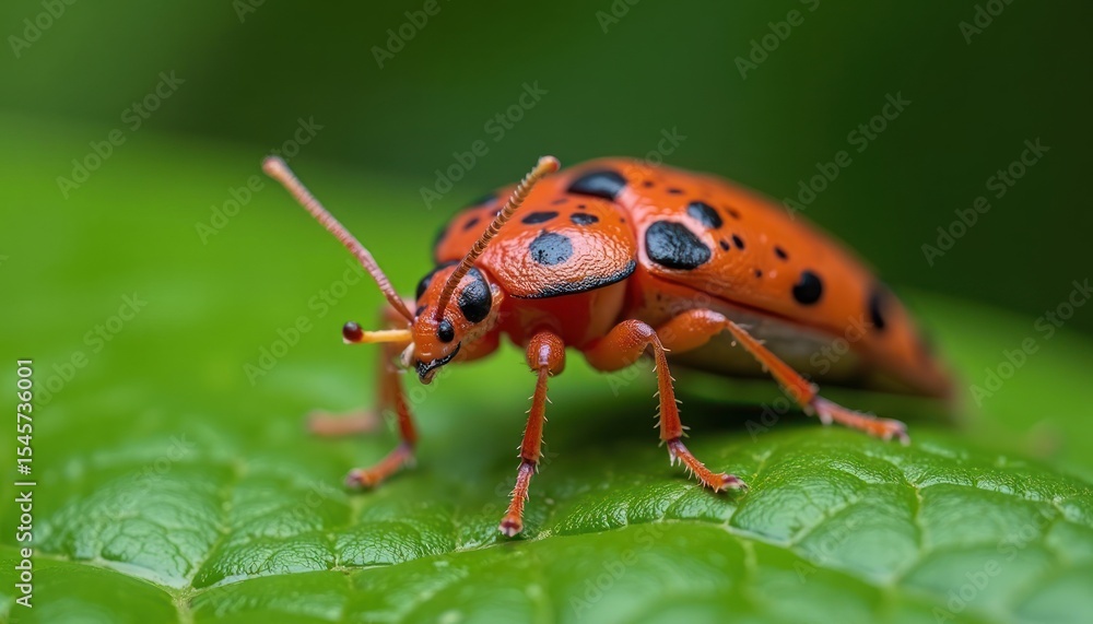 Close-up of a speckled red beetle on a green leaf. Close-up of a speckled red beetle on a green leaf.