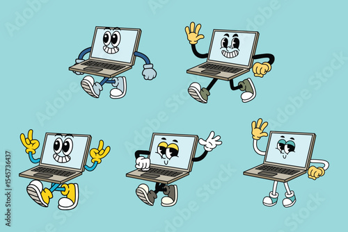 Set of Happy Laptop in Various Poses Character Cartoon Illustration Retro style