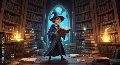 Young Wizard Studying Ancient Magic in Enchanting Library