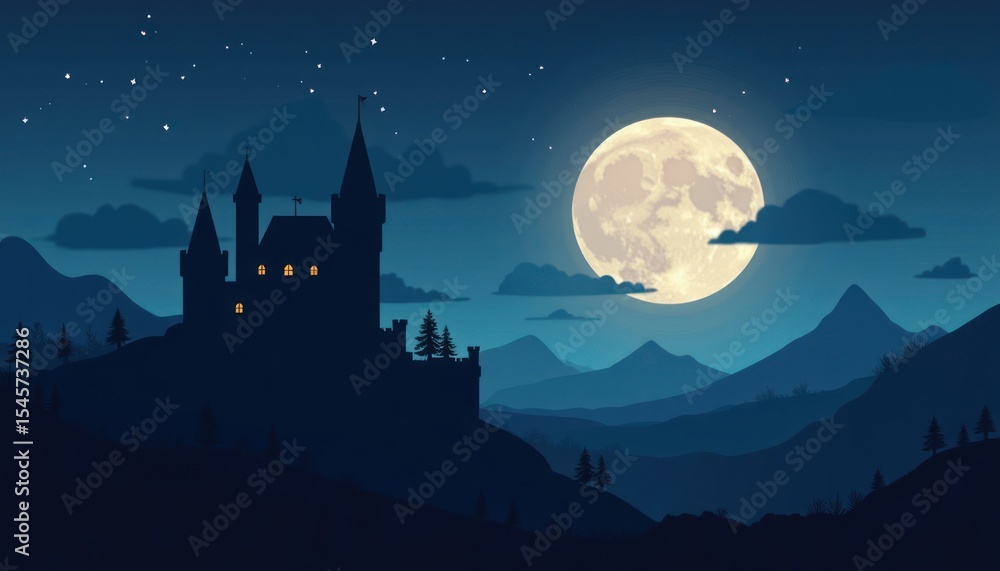 Fototapeta premium A moonlit night with a castle atop a hill.