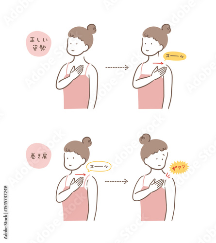 正しい姿勢と巻き肩の女性の比較イラストセット