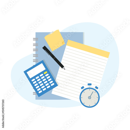 Blue Calculator with Black Pen, Yellow Sticky Notes, and Stopwatch on White Lined Paper for Productivity