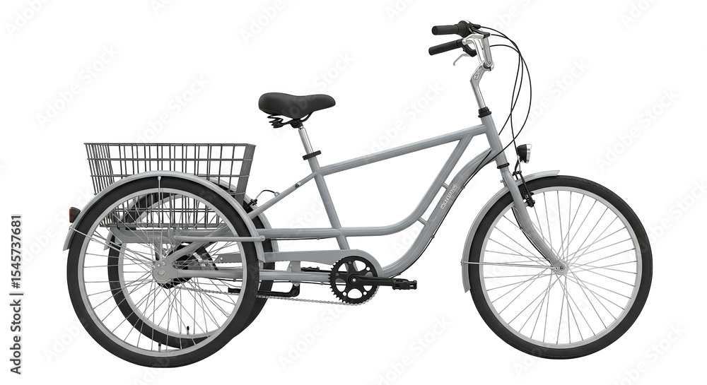 Fototapeta premium A gray tricycle featuring a rear basket is rendered, ideal for accessible transportation needs.