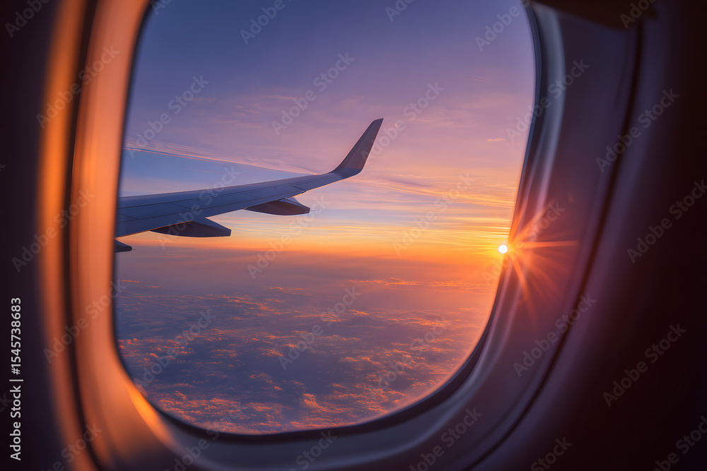 Fototapeta premium Beautiful sunset, sky on the top view, airplane flying view from inside window aircraft of Traveling.